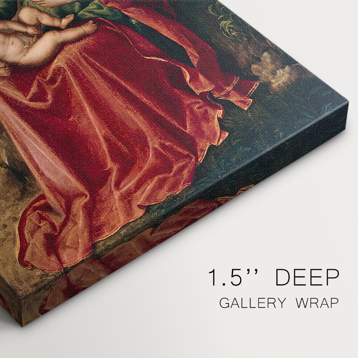 Close-up of a gallery-wrapped canvas corner showing a classical image with figures integrated into nature, highlighting texture and print detail.
