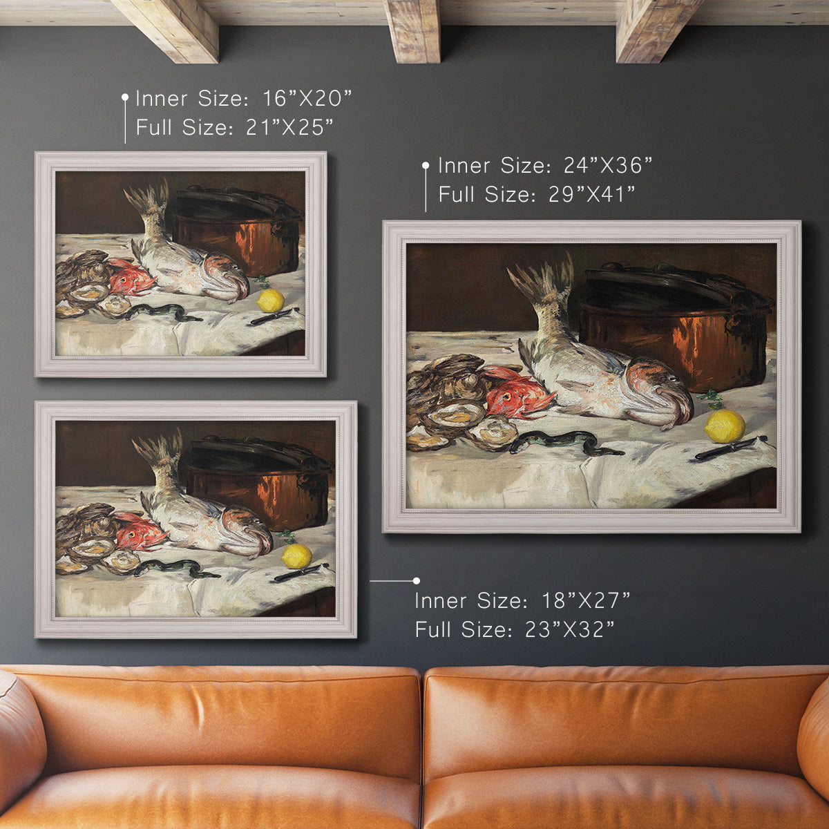 Impressionist still life painting of fish by Édouard Manet in an ornate weathered white frame shown in multiple size options.