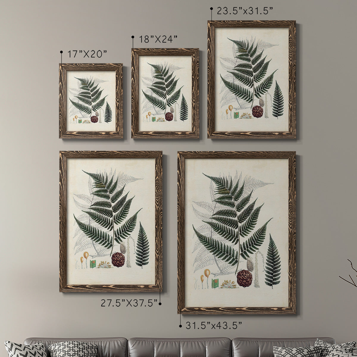 Size comparison chart for a set of two walnut barnwood framed canvas prints.