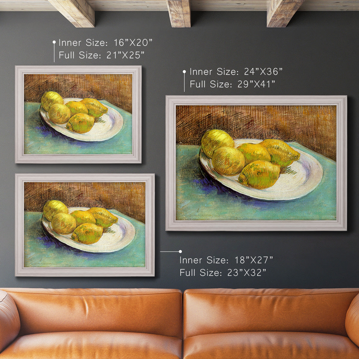 Impressionist still life with lemons by Vincent van Gogh in an ornate weathered white frame shown in multiple size options.