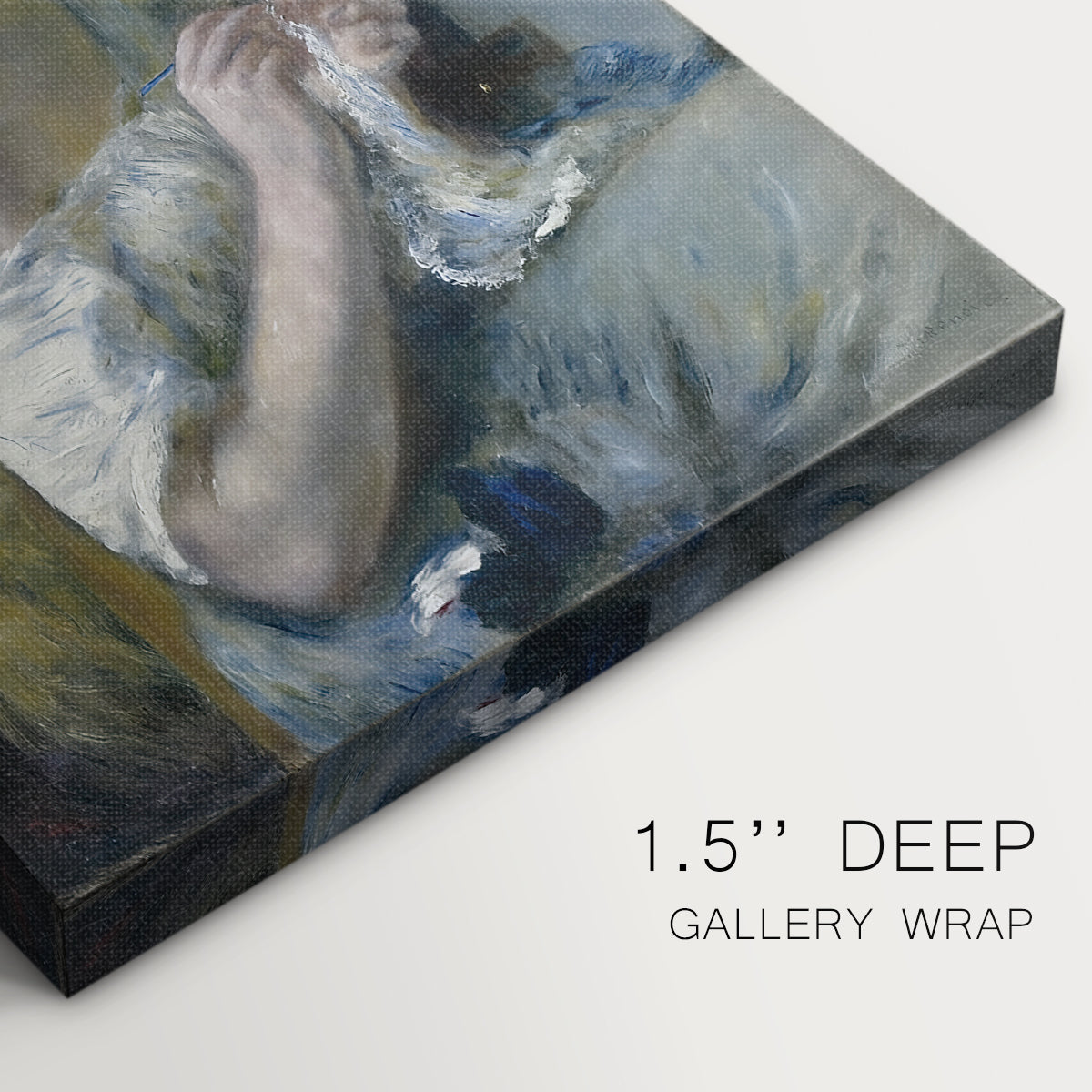 Close-up of a gallery-wrapped canvas corner showing a relaxed portrait of a woman engaged in handiwork, highlighting texture and print detail.