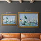 Coastal harbor watercolor painting in an ornate traditional gold frame shown in multiple size options.