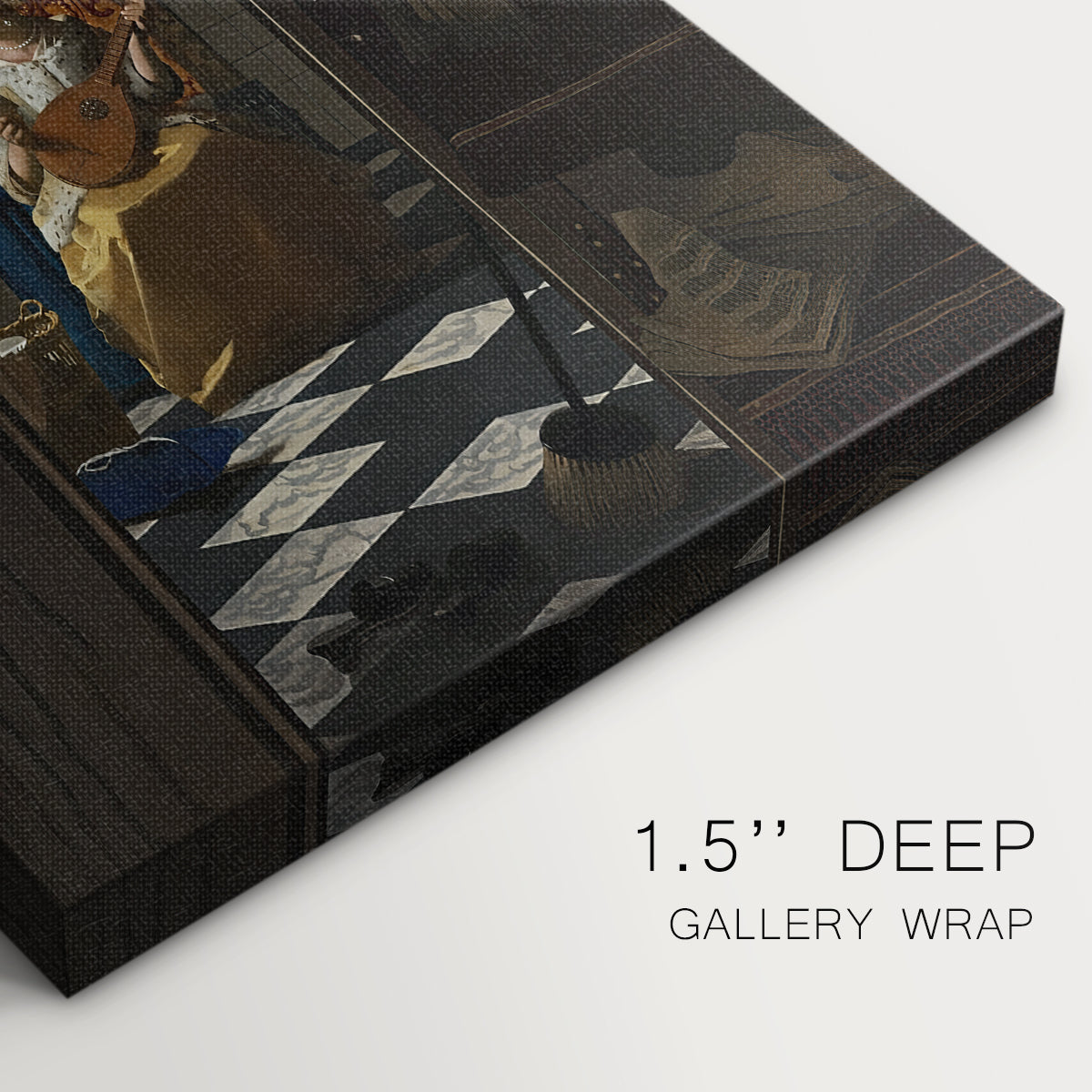 Close-up of a gallery-wrapped canvas corner showing a refined interior with soft shadows and narrative focus, highlighting texture and print detail.