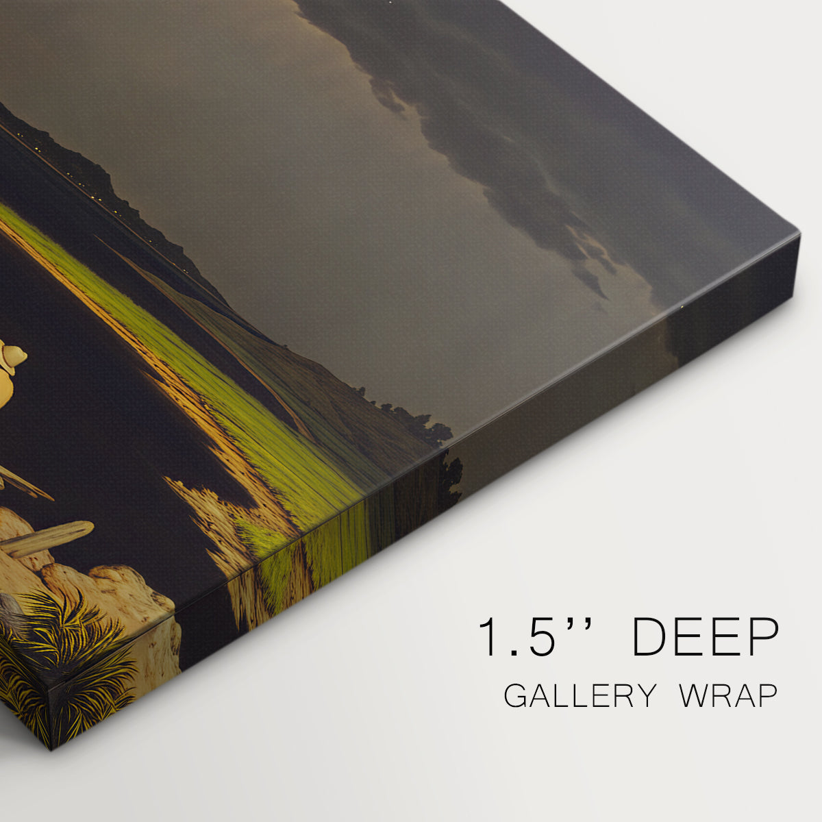 Canvas art print of dark storm clouds gathering over landscape horizon, highlighting texture and gallery-wrapped edges
