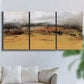Three-panel canvas wall art featuring abstract bridge landscape in ochre, displayed in a living room above a sofa.