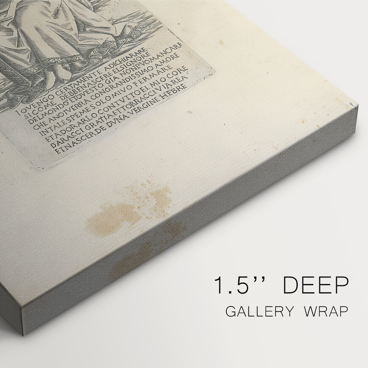 Close-up of a gallery-wrapped canvas corner showing a refined engraving with figure and decorative elements, highlighting texture and print detail.
