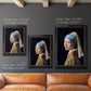 Iconic portrait of a girl wearing a pearl earring by Johannes Vermeer in an ornate black frame with gilded inner detail shown in multiple vertical size options.