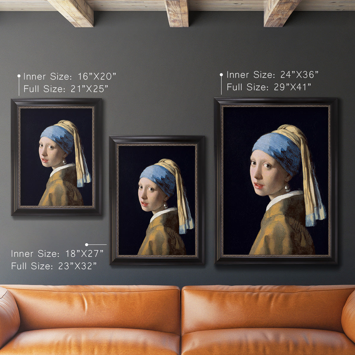 Iconic portrait of a girl wearing a pearl earring by Johannes Vermeer in an ornate black frame with gilded inner detail shown in multiple vertical size options.