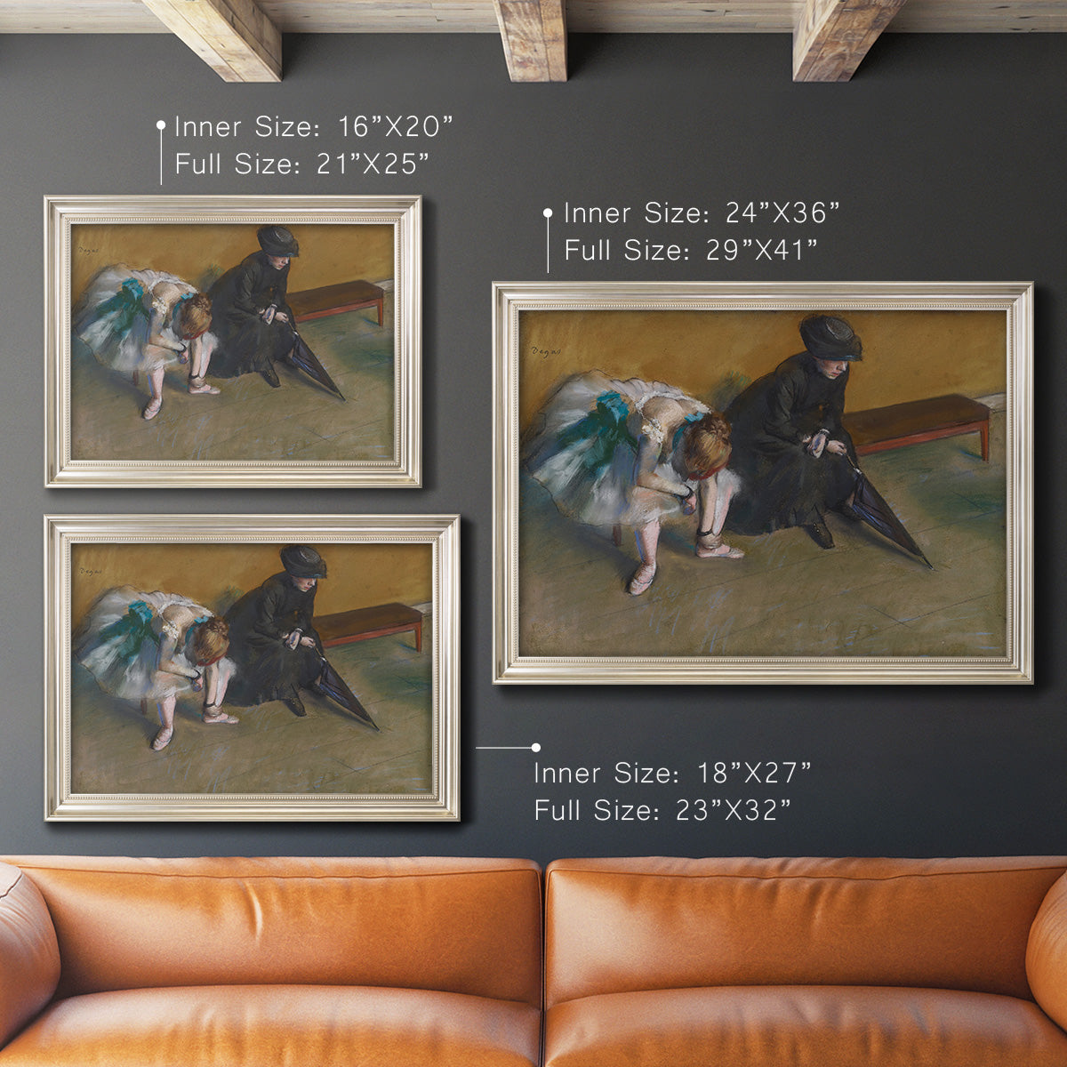 Impressionist portrait of a seated woman by Edgar Degas in an ornate champagne frame shown in multiple size options.