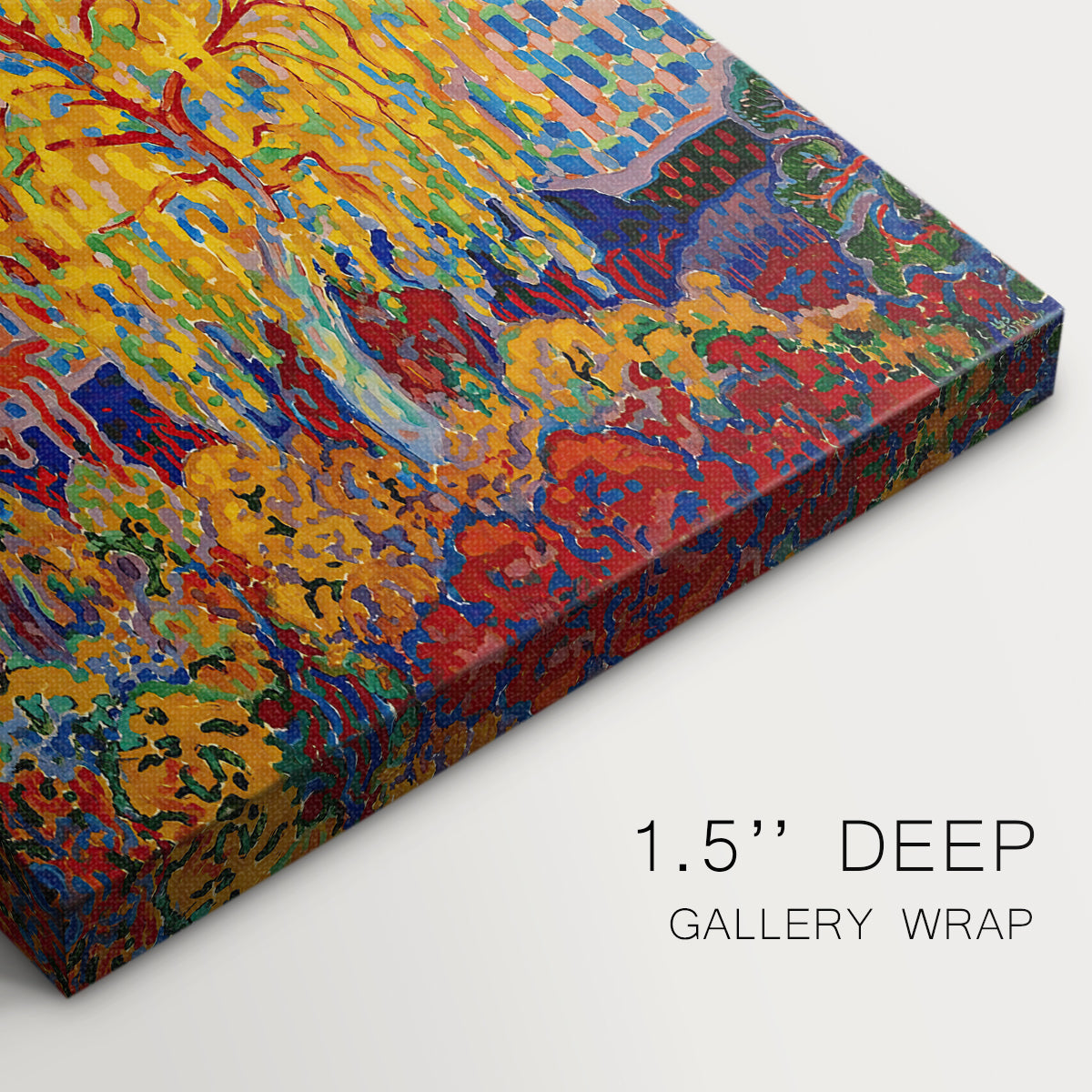 Close-up of a gallery-wrapped canvas corner showing a modern landscape with expressive color and texture, highlighting texture and print detail.