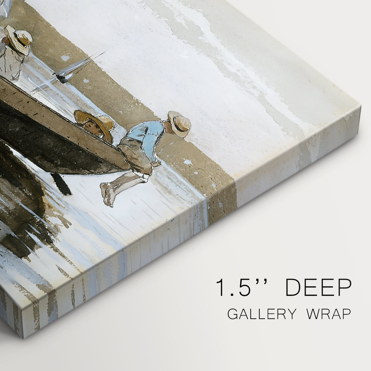 Canvas art print of two boys seated in small boat floating on calm water, highlighting texture and gallery-wrapped edges