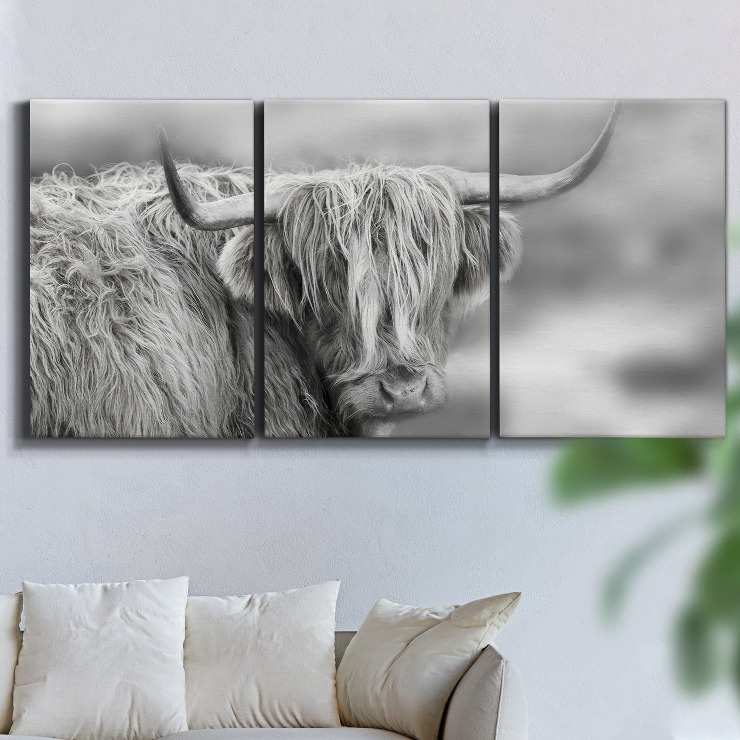 Three-panel canvas wall art featuring large highland cow portrait, displayed in a living room above a sofa.