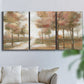 Three-panel canvas wall art featuring soft pastel park landscape scene, displayed in a living room above a sofa.