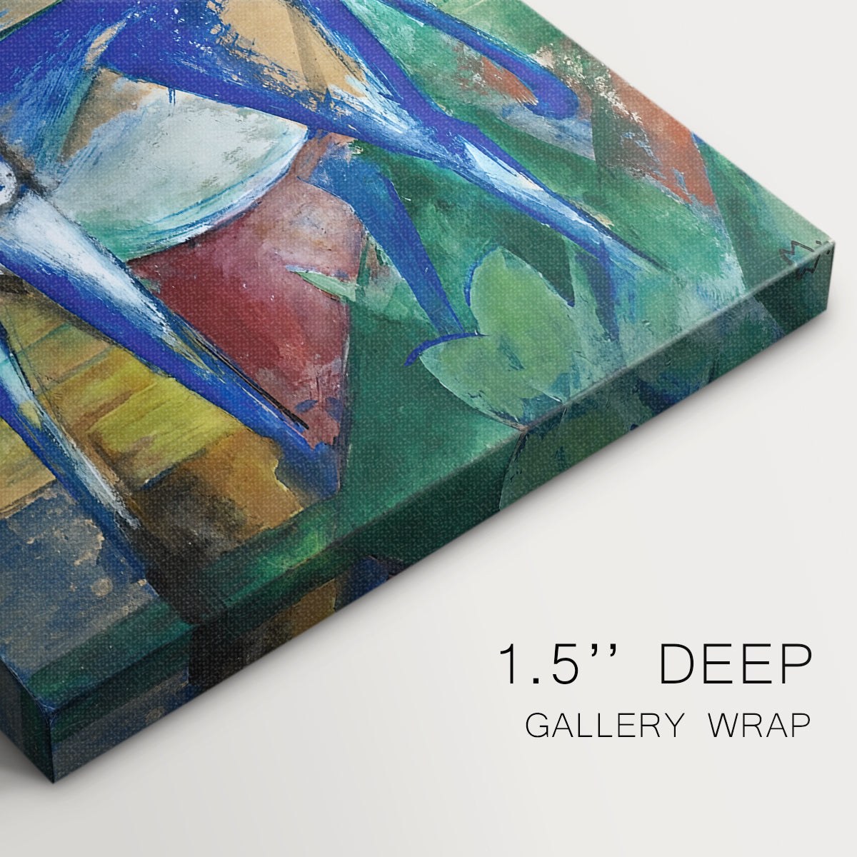Close-up of a gallery-wrapped canvas corner showing an abstract scene with two figures in bright tones, highlighting texture and print detail.