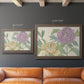 Contemporary peony flower illustration in an ornate traditional bronze frame shown in multiple size options.