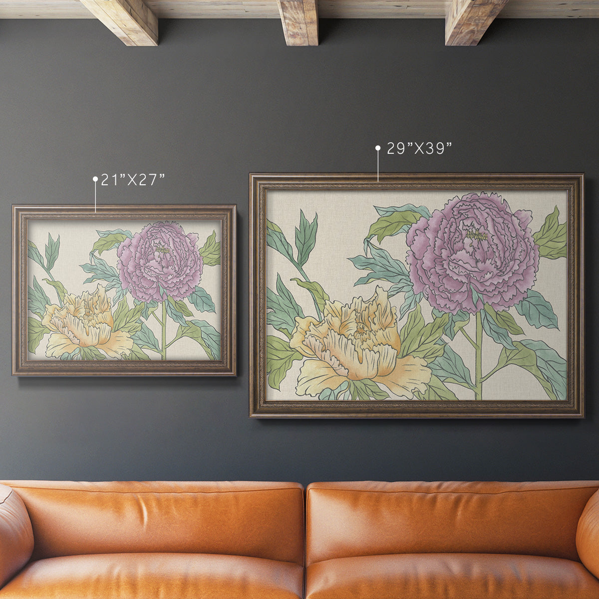 Contemporary peony flower illustration in an ornate traditional bronze frame shown in multiple size options.