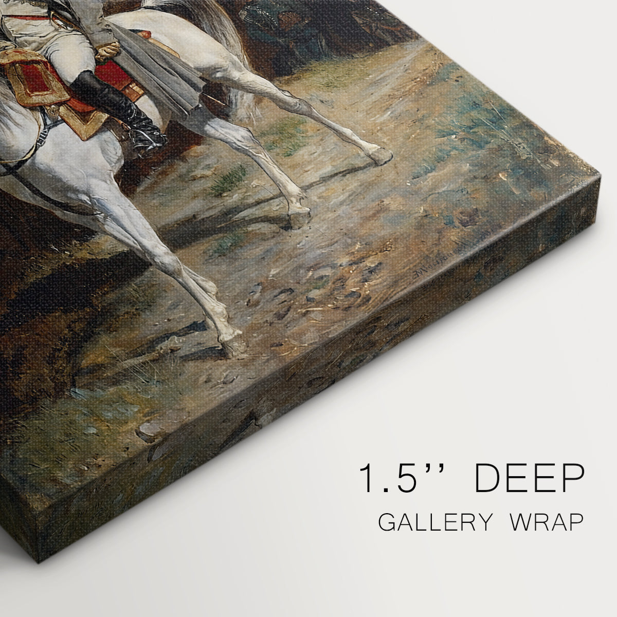 Close-up of a gallery-wrapped canvas corner showing a quiet military scene with a lone mounted figure, highlighting texture and print detail.