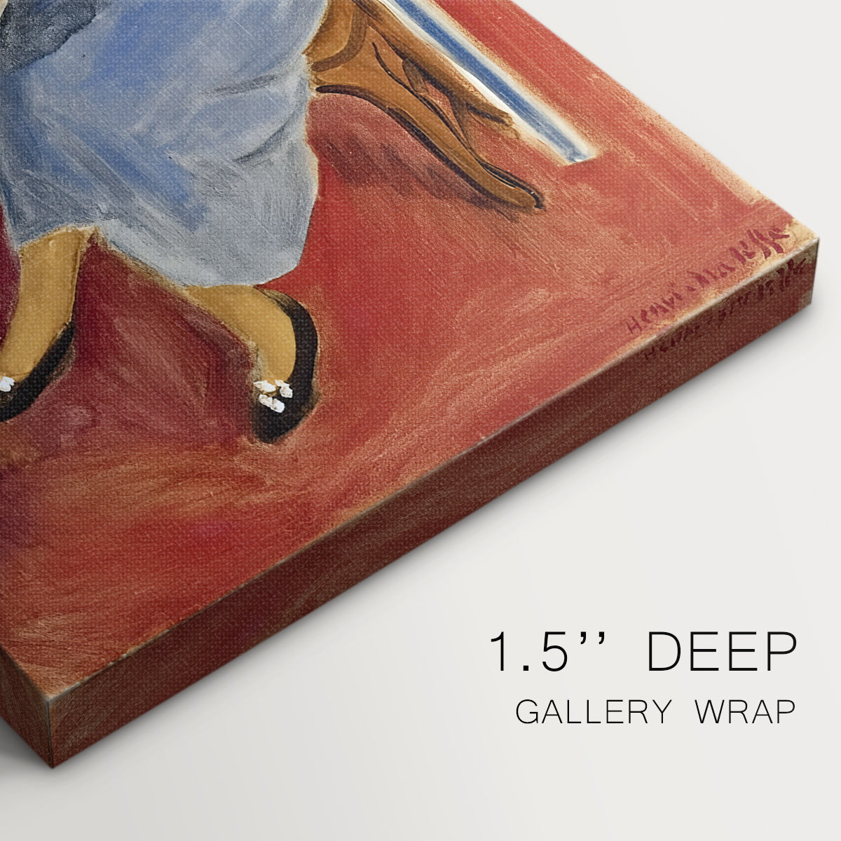Close-up of a gallery-wrapped canvas corner showing a modern portrait with blue and red color interplay, highlighting texture and print detail.