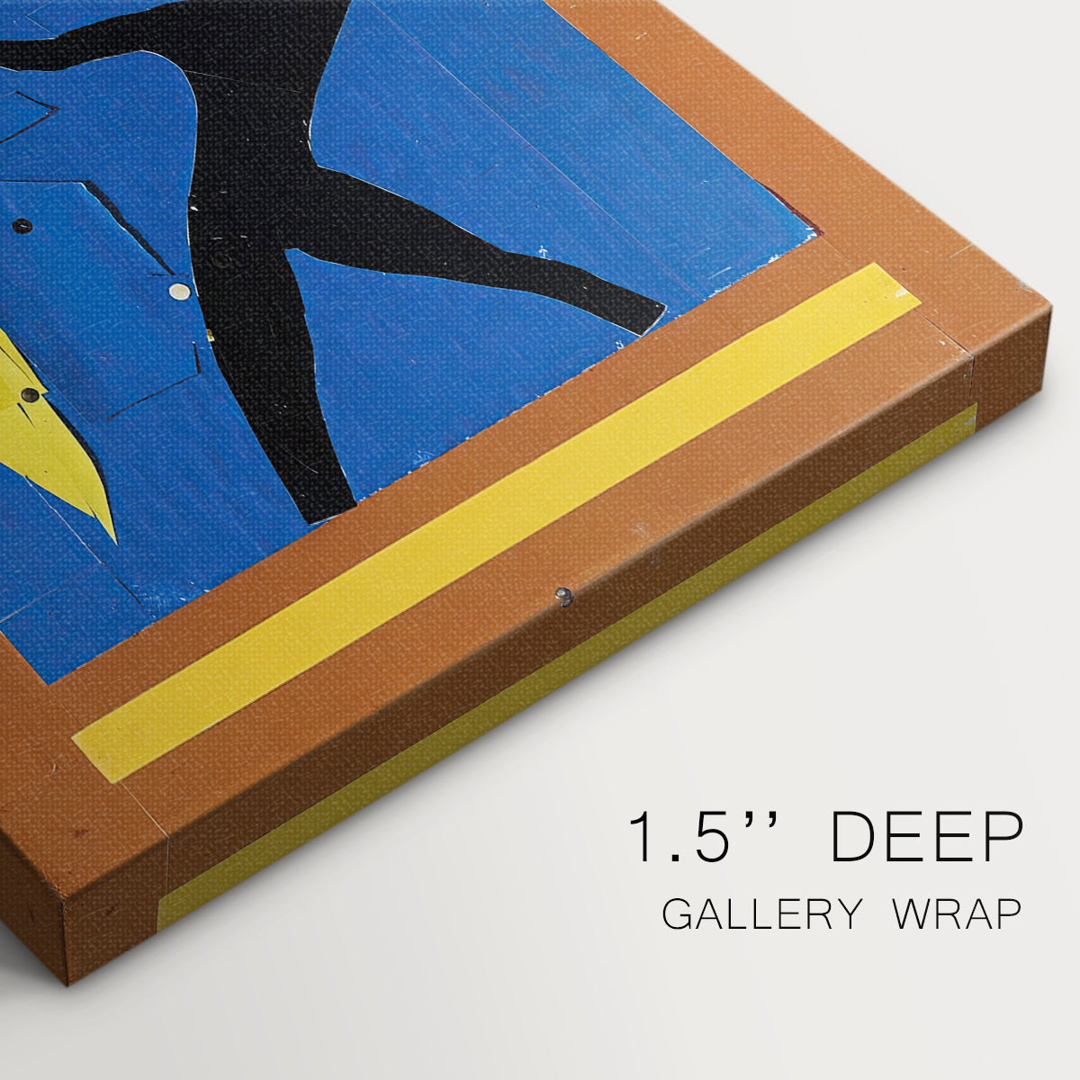 Close-up of a gallery-wrapped canvas corner showing a dynamic image with strong contrast and minimal detail, highlighting texture and print detail.