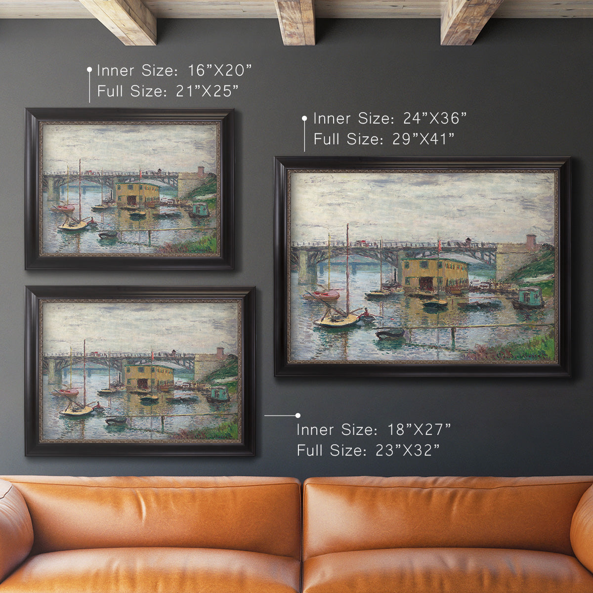 Impressionist river bridge scene on an overcast day by Claude Monet in an ornate black frame with gilded inner detail shown in multiple size options.