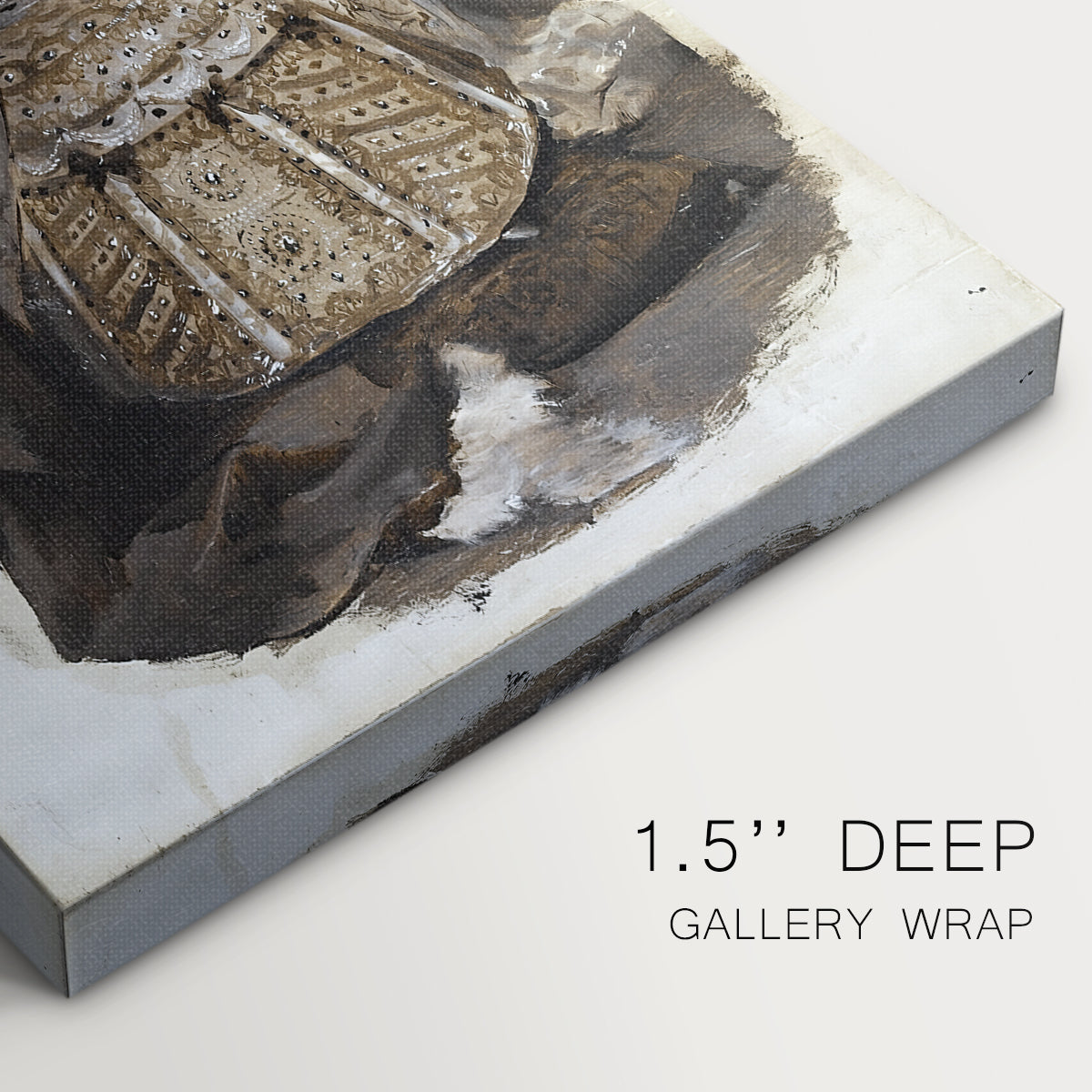 Close-up of a gallery-wrapped canvas corner showing a composed figure with ornate clothing and gentle light, highlighting texture and print detail.