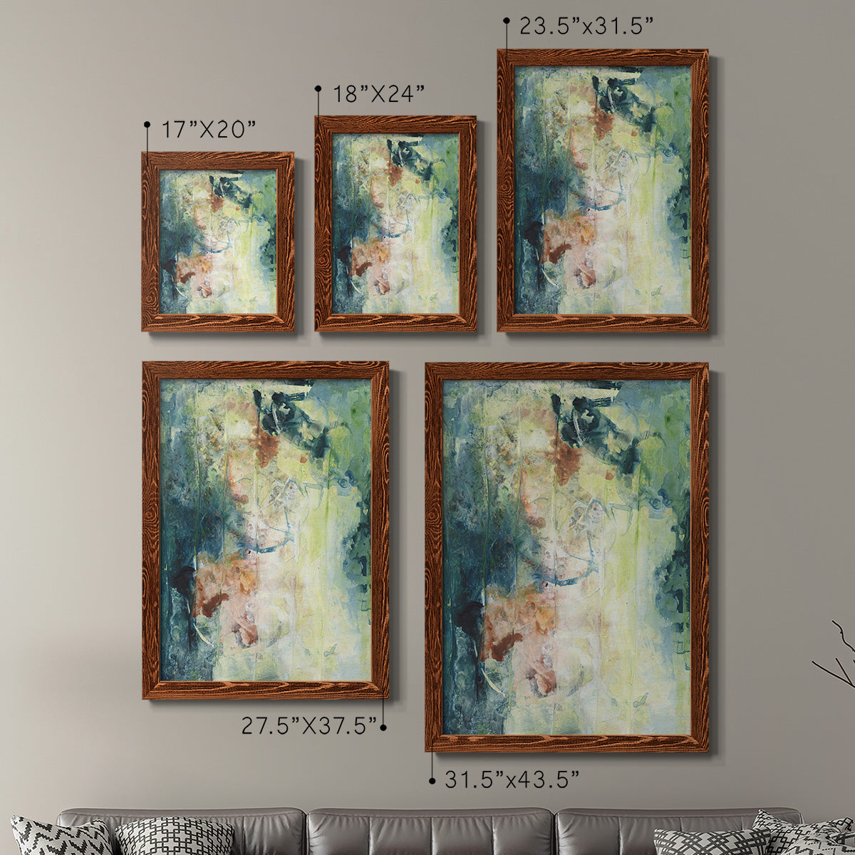 Size comparison chart for a set of two maple barnwood framed canvas prints.