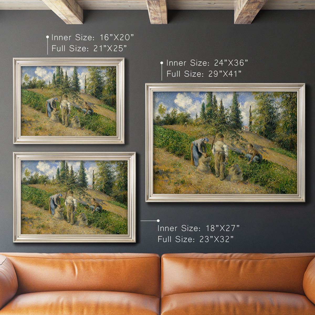 Impressionist countryside harvest scene by Camille Pissarro in an ornate champagne frame shown in multiple size options.