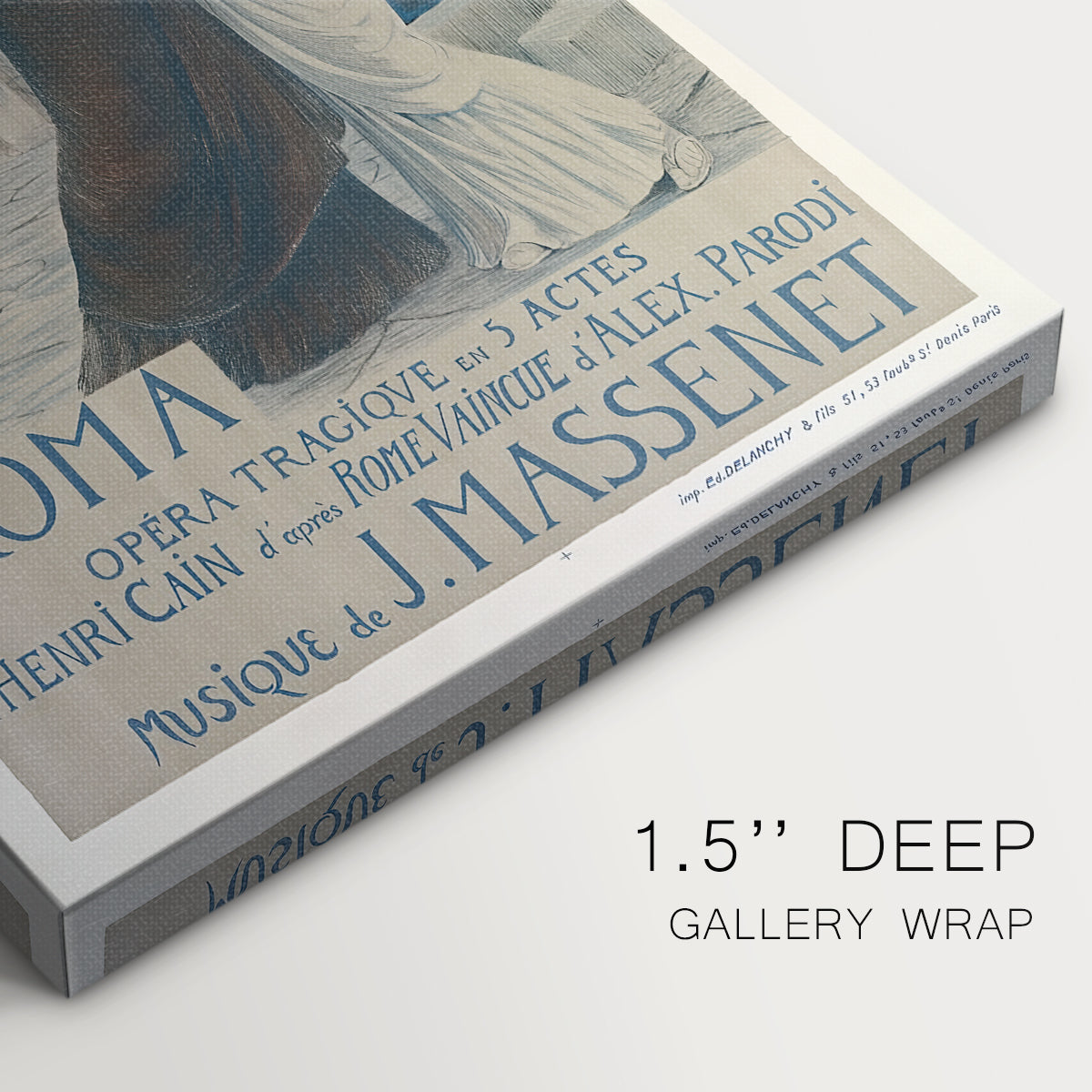 Close-up of a gallery-wrapped canvas corner showing a refined composition with typography and narrative imagery, highlighting texture and print detail.