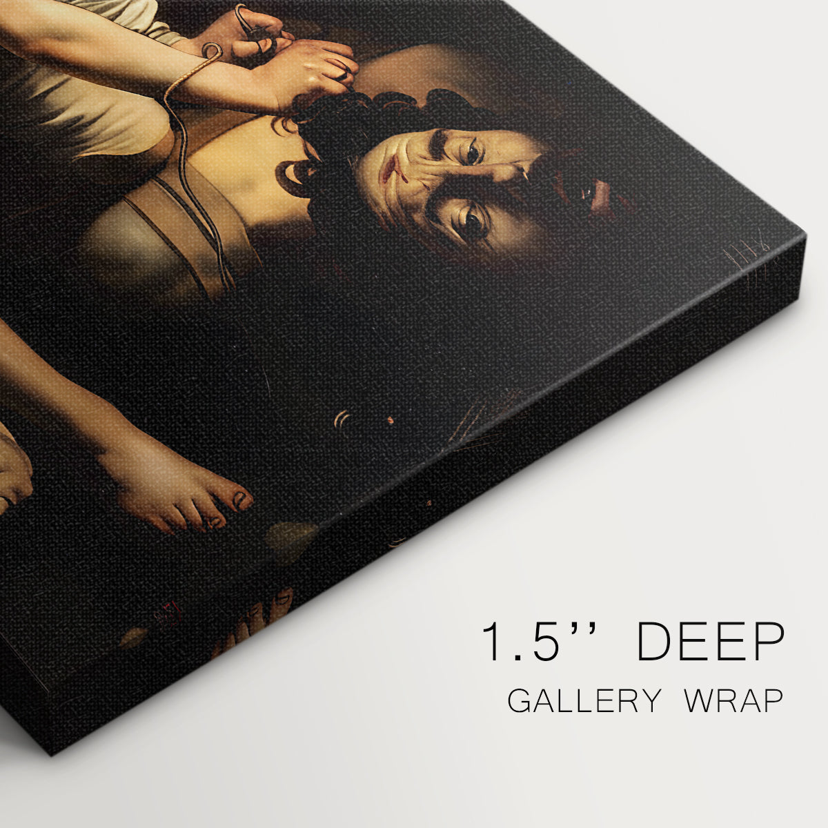 Close-up of a gallery-wrapped canvas corner showing a powerful biblical scene with focused illumination, highlighting texture and print detail.