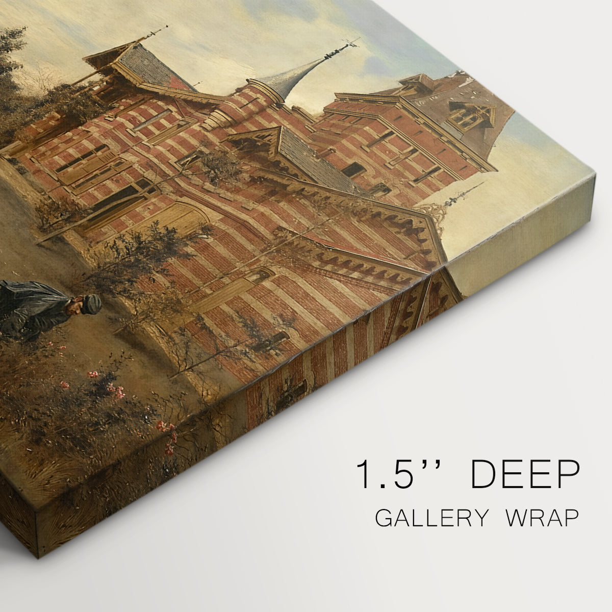 Canvas art print of a large house set along quiet street with figures and surrounding buildings, highlighting texture and gallery-wrapped edges