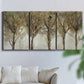 Three-panel canvas wall art featuring sunlight filtering through trees, displayed in a living room above a sofa.