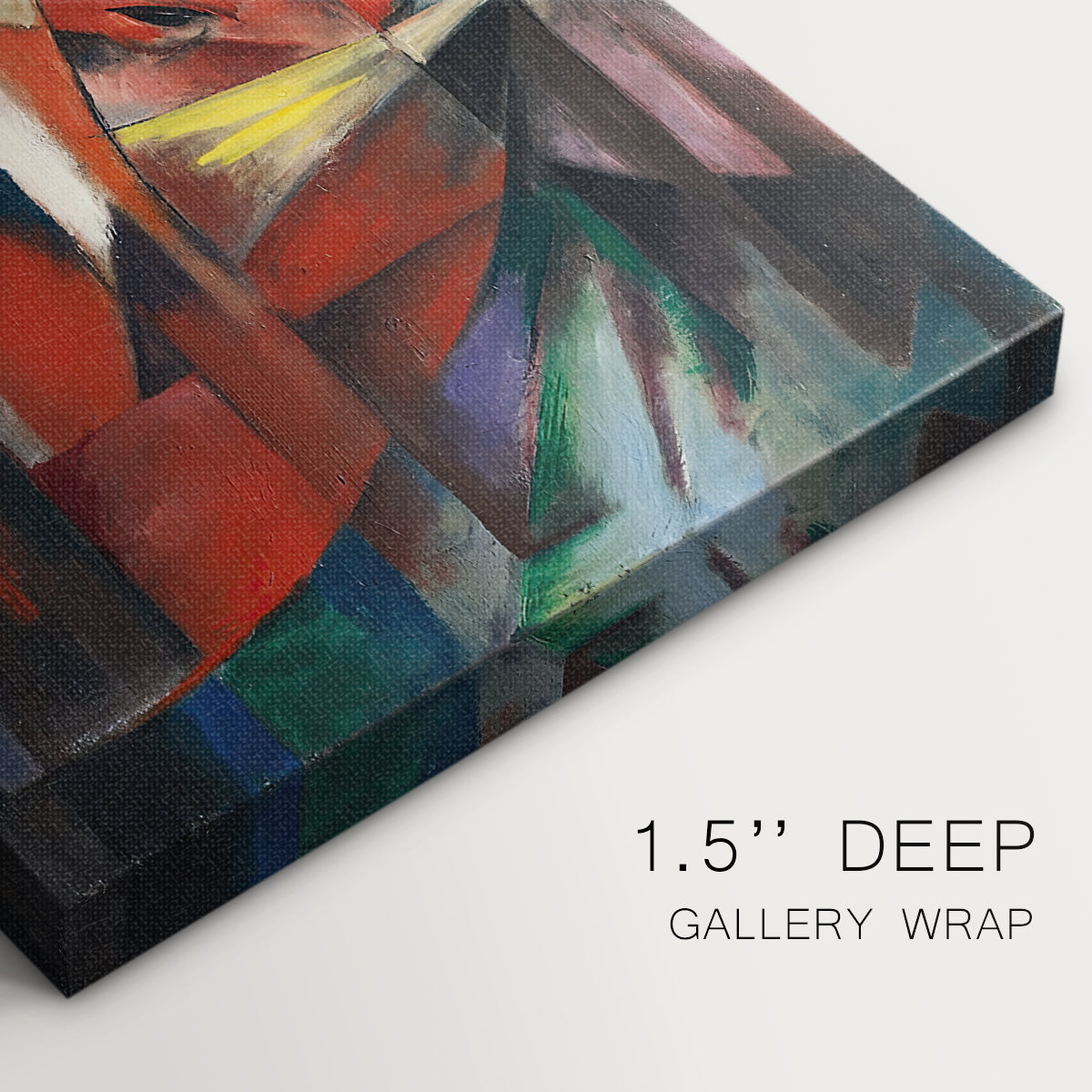 Close-up of a gallery-wrapped canvas corner showing a stylized wildlife scene with angular design, highlighting texture and print detail.