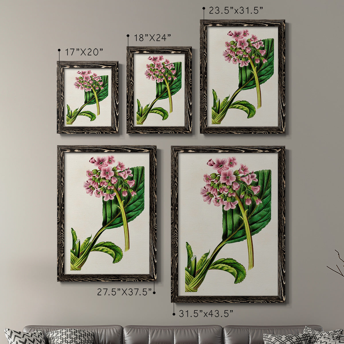 Size comparison chart for a set of two black barnwood framed canvas prints.