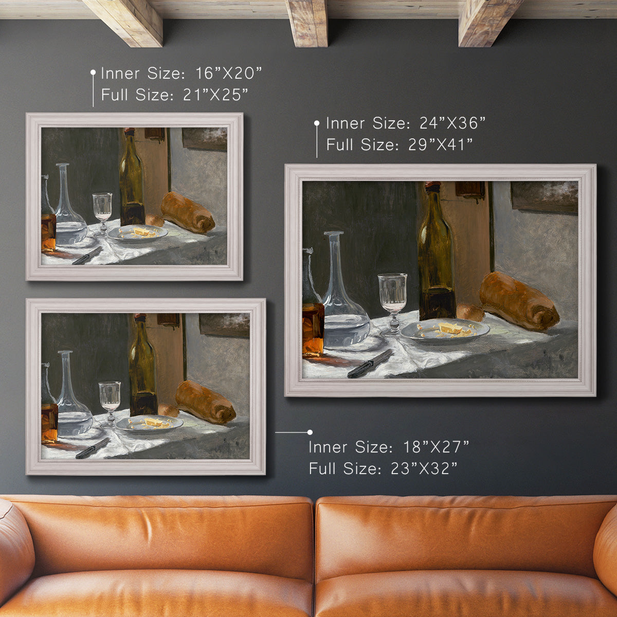 Impressionist still life with wine and bread by Claude Monet in an ornate weathered white frame shown in multiple size options.