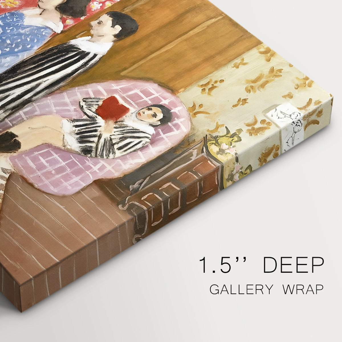 Canvas art print of an interior scene with figures around a piano, highlighting texture and gallery-wrapped edges