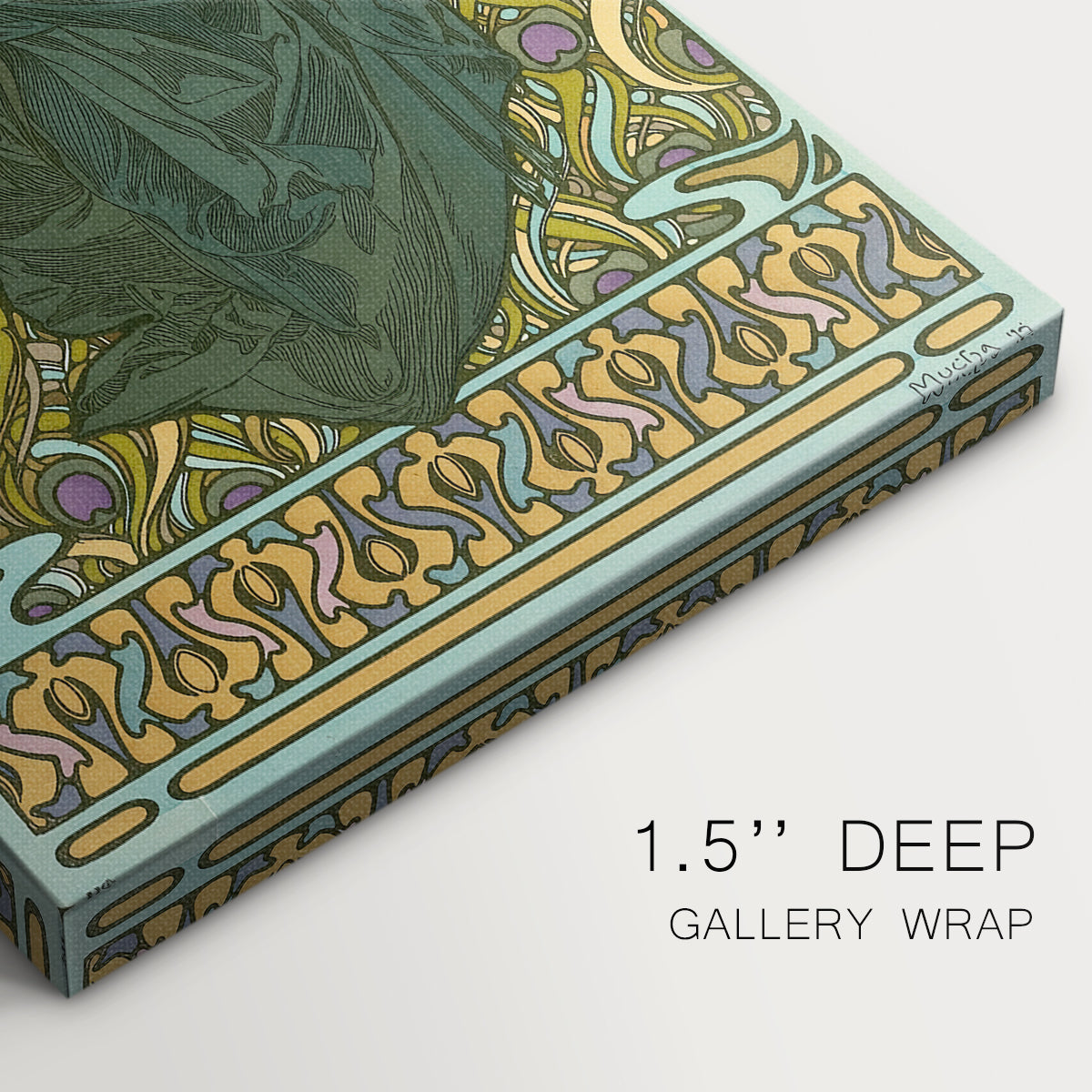 Close-up of a gallery-wrapped canvas corner showing a decorative figure study of a reclining woman in a soft patterned setting, highlighting texture and print detail.