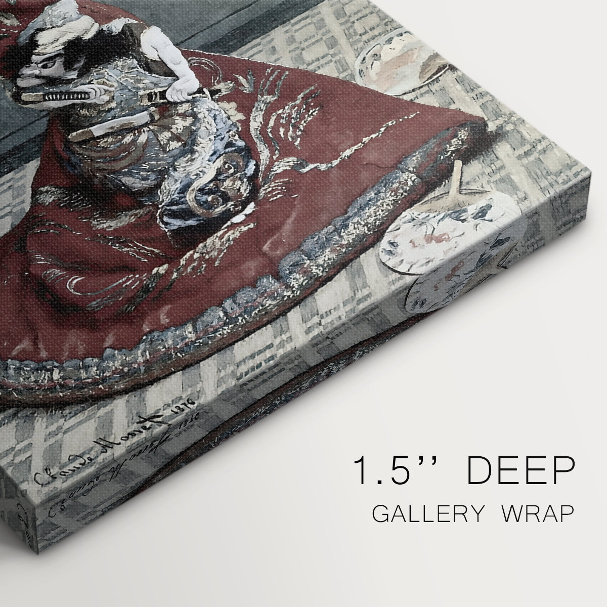 Close-up of a gallery-wrapped canvas corner showing a theatrical composition with a richly dressed figure, highlighting texture and print detail.