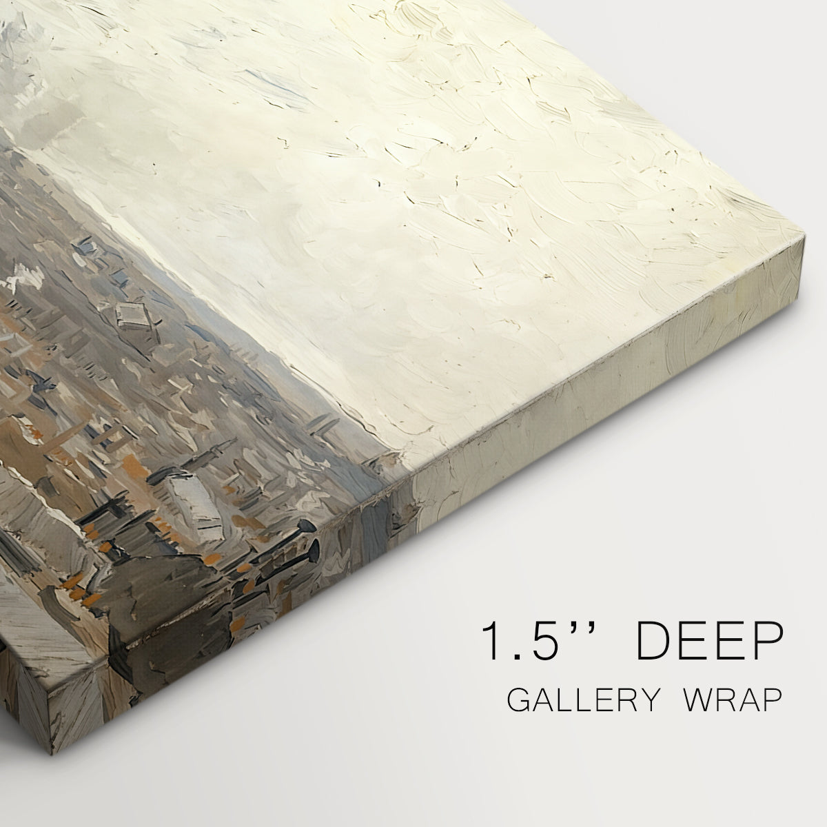Canvas art print of an elevated view over rooftops and buildings across wide urban landscape, highlighting texture and gallery-wrapped edges