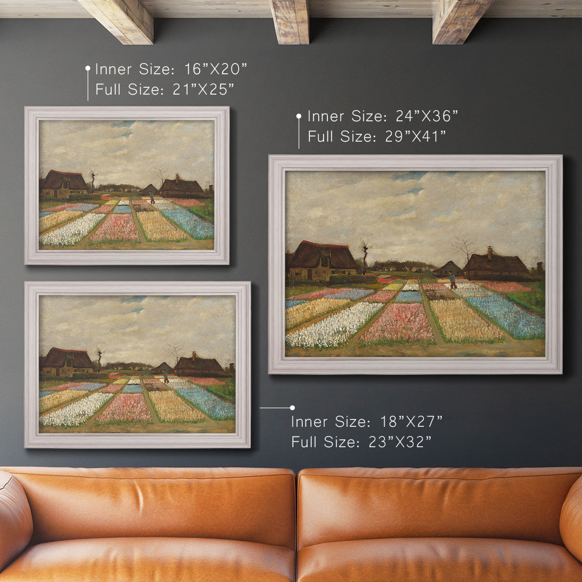 Impressionist Dutch bulb field landscape by Vincent van Gogh in an ornate weathered white frame shown in multiple size options.
