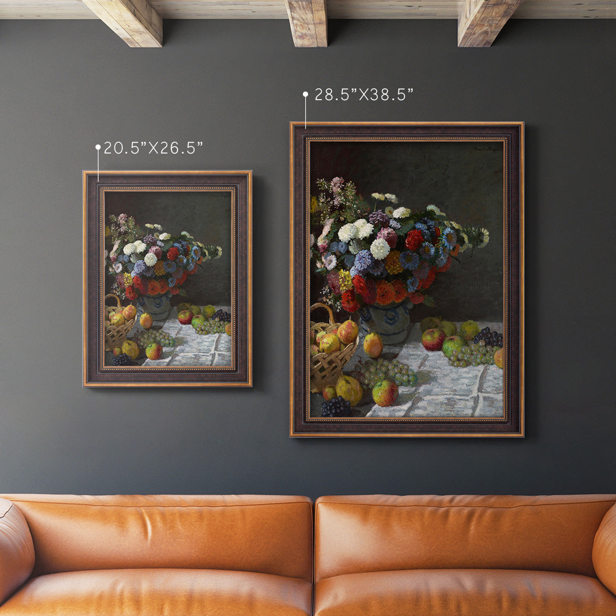 Impressionist floral still life painting by Claude Monet in an ornate bronzed mahogany wood frame shown in multiple vertical size options.