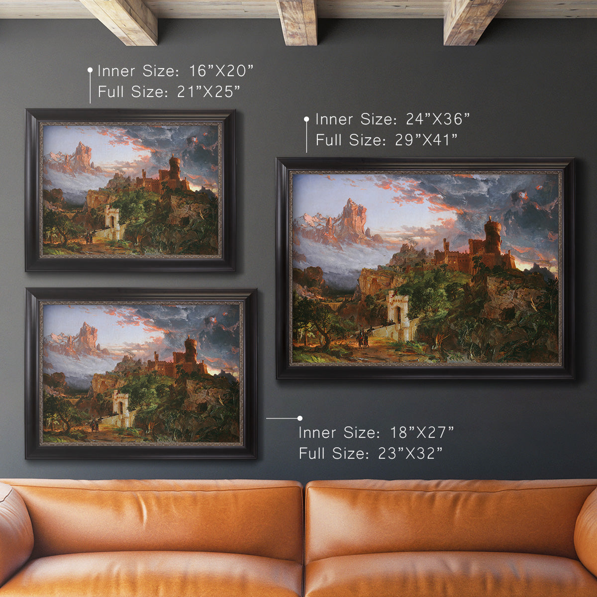 Romantic allegorical landscape painting by Jasper Francis Cropsey in an ornate black frame with gilded inner detail shown in multiple size options.