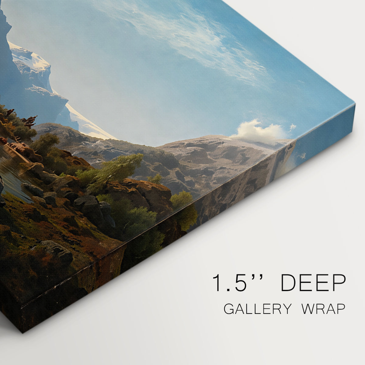 Canvas art print of a bridal procession in boats crossing a fjord surrounded by dramatic mountain landscape, highlighting texture and gallery-wrapped edges