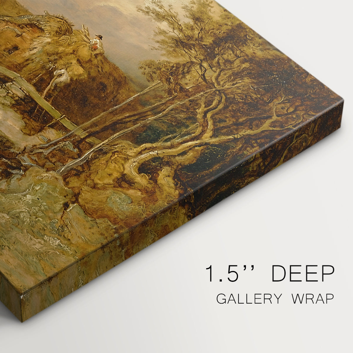 Canvas art print of a watermill structure beside flowing stream in rural landscape, highlighting texture and gallery-wrapped edges