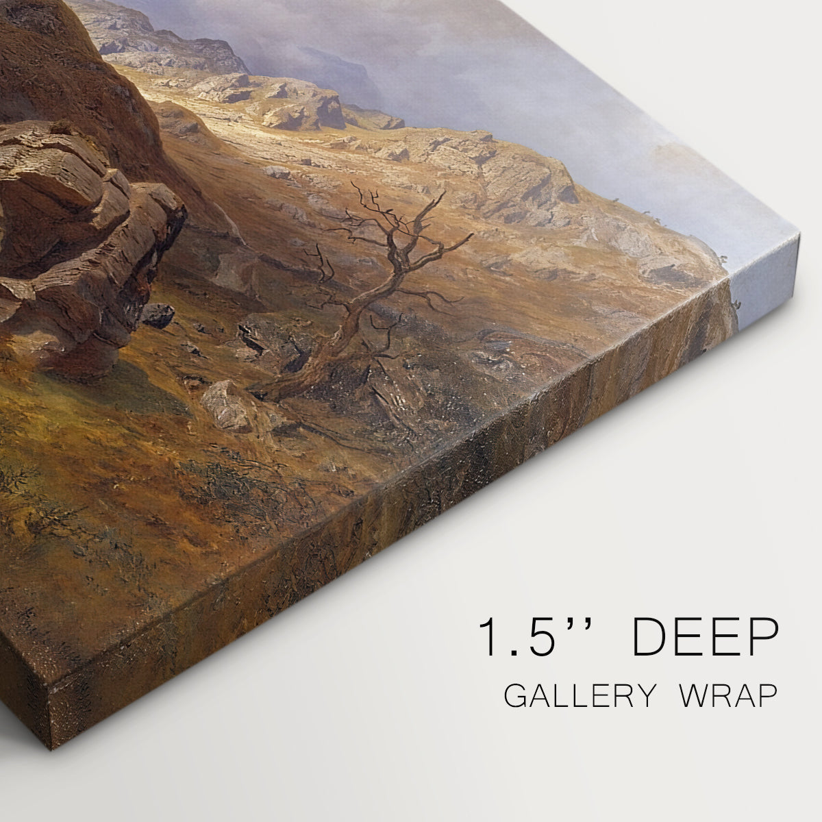 Canvas art print of an expansive valley landscape with river flowing through rugged hills, highlighting texture and gallery-wrapped edges