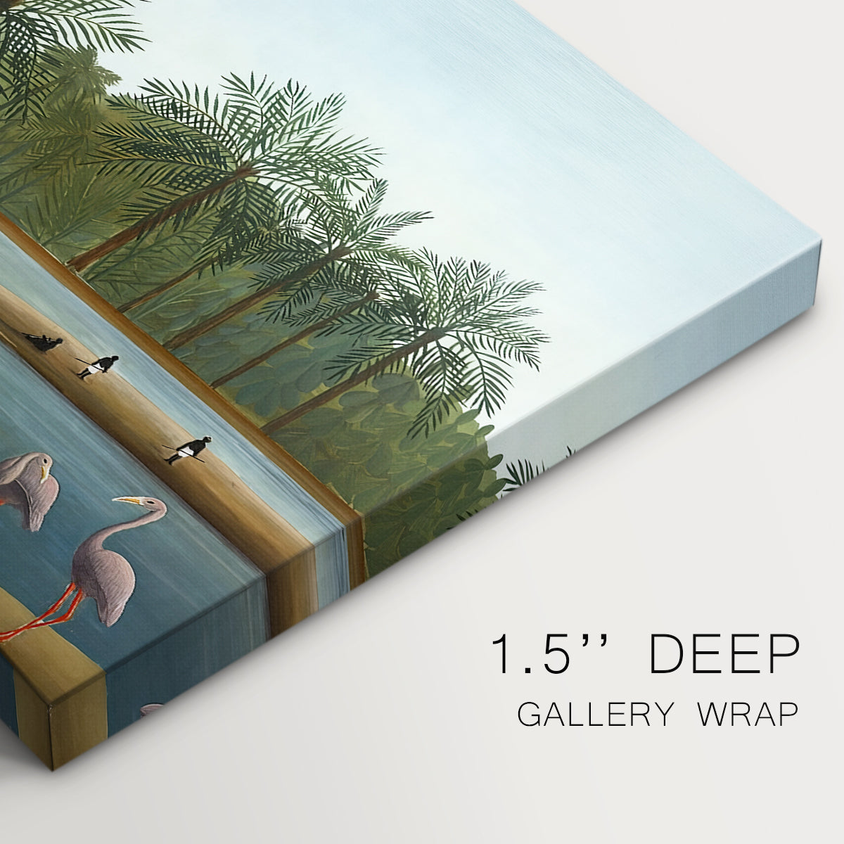Canvas art print of flamingos standing in water surrounded by trees and vegetation, highlighting texture and gallery-wrapped edges