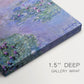 Close-up of a gallery-wrapped canvas corner showing a calm composition with light and color across water, highlighting texture and print detail.