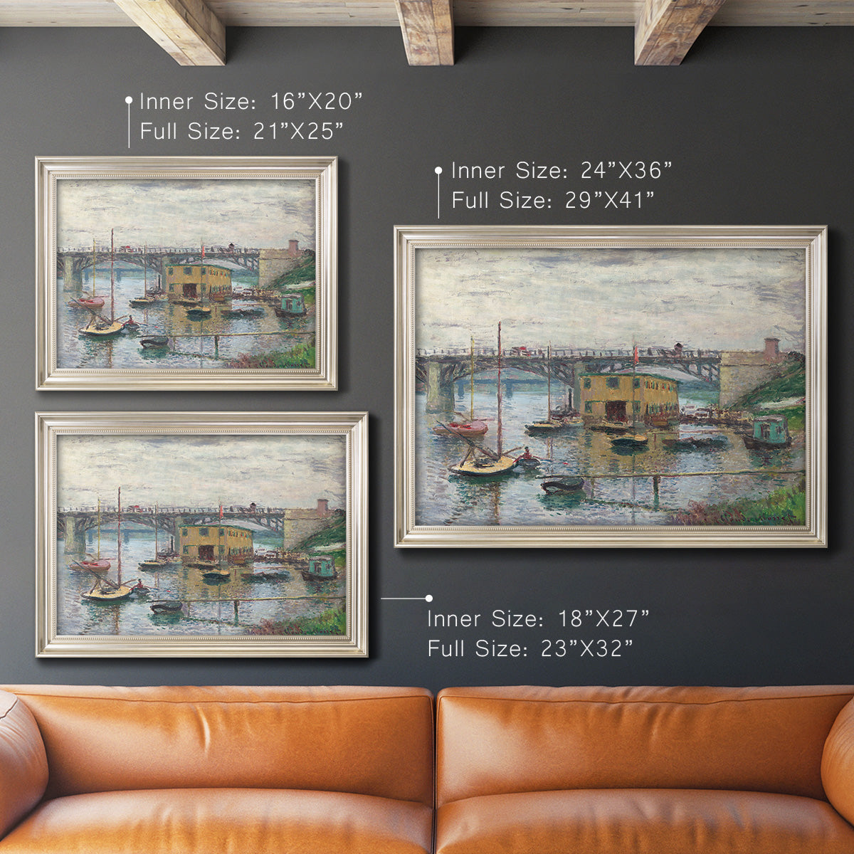 Impressionist river bridge scene on an overcast day by Claude Monet in an ornate champagne frame shown in multiple size options.