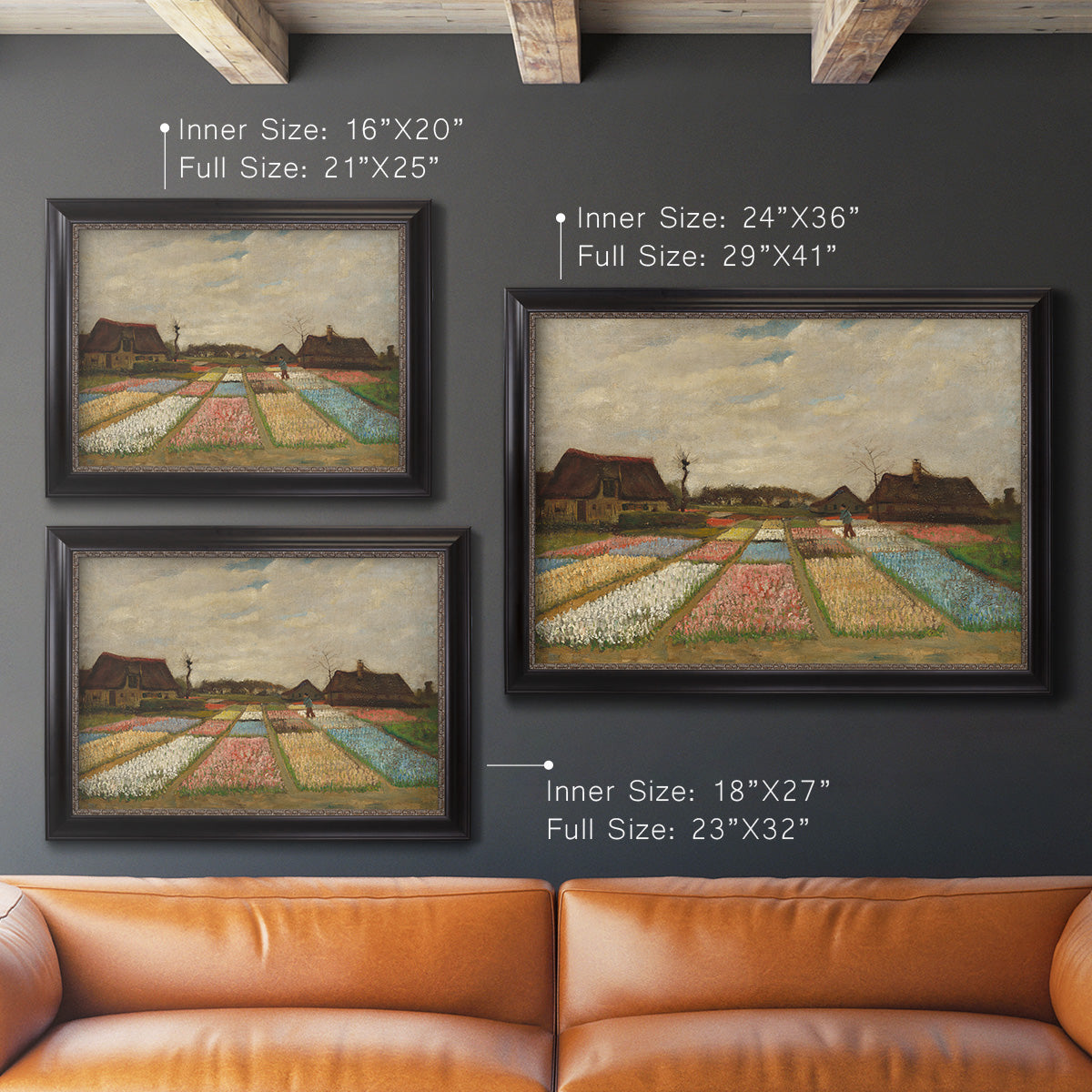 Impressionist Dutch bulb field landscape by Vincent van Gogh in an ornate black frame with gilded inner detail shown in multiple size options.
