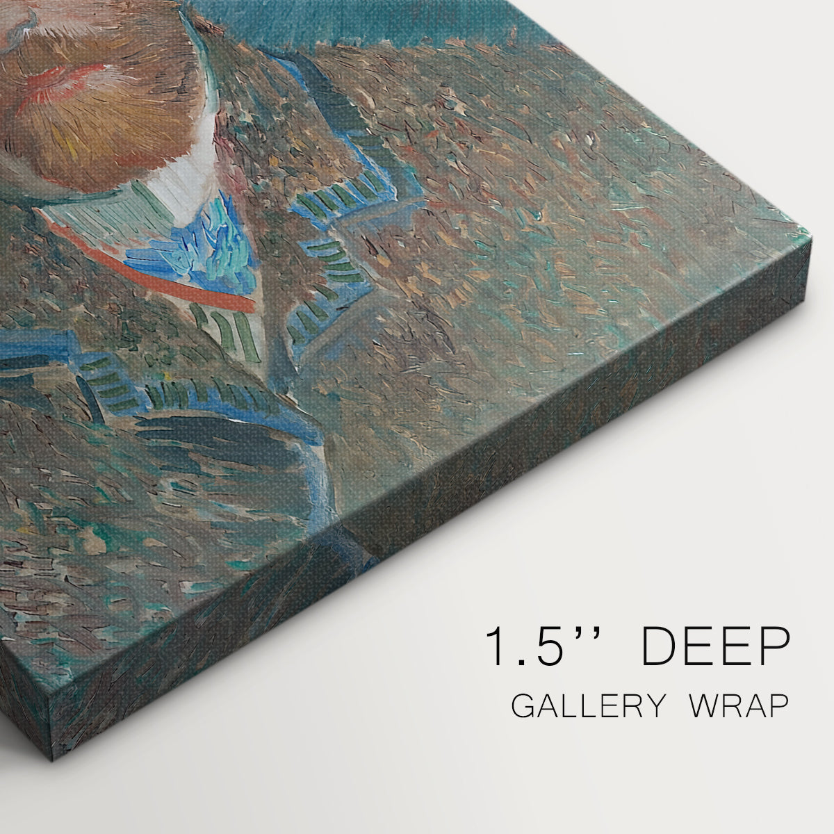 Close-up of a gallery-wrapped canvas corner showing a composed image with balanced color and movement, highlighting texture and print detail.