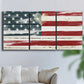 Three-panel canvas wall art featuring rustic american flag country style, displayed in a living room above a sofa.